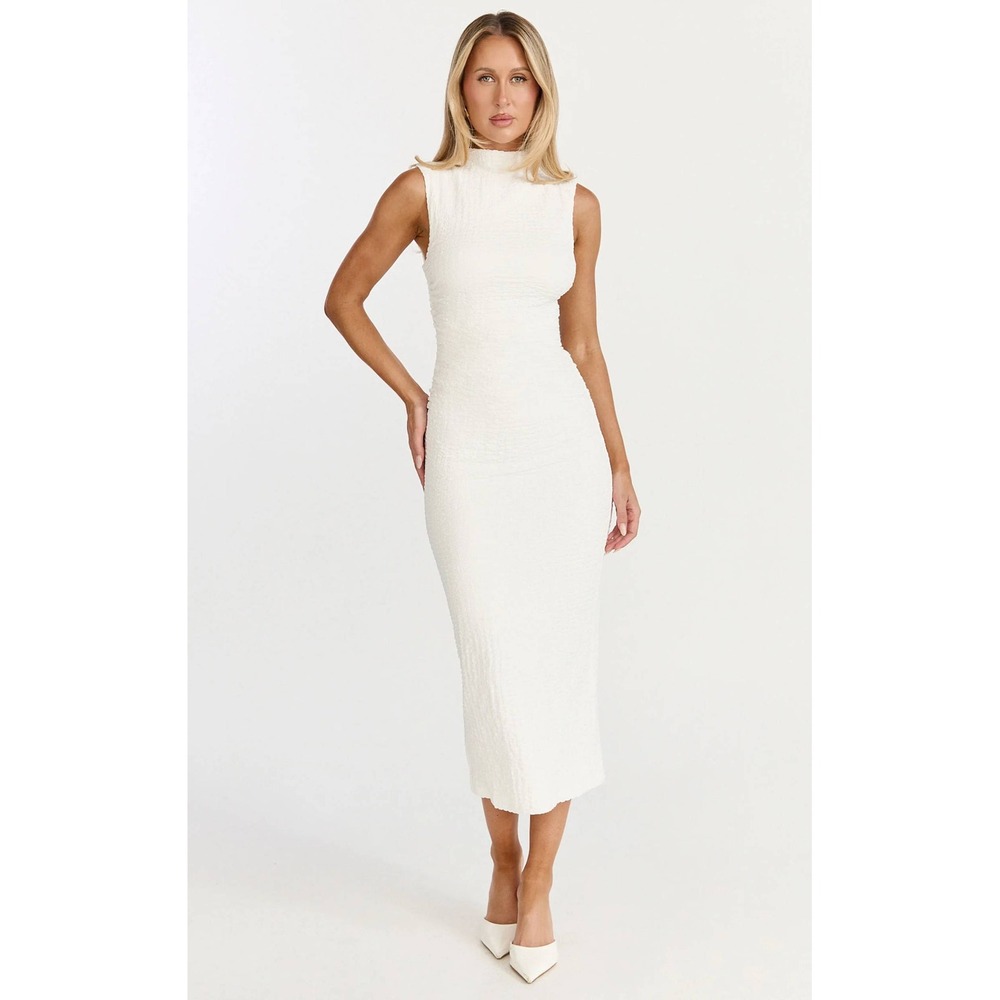 Showpo Aleks Midi Dress High Neck Bodycon Off White Solid 6 NWT